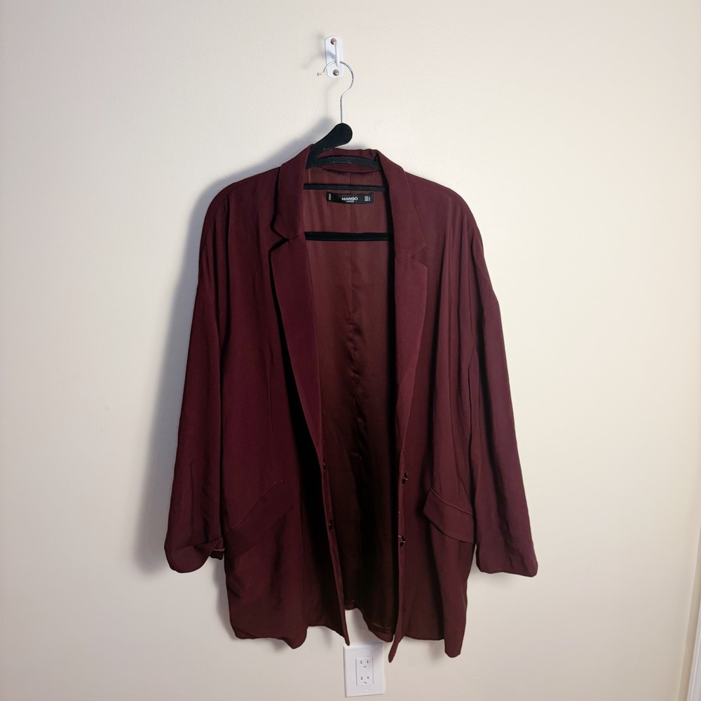 Mango Blazer Women Size M Burgundy Basics Oversized Open Front Longline Jacket - Picture 2 of 9